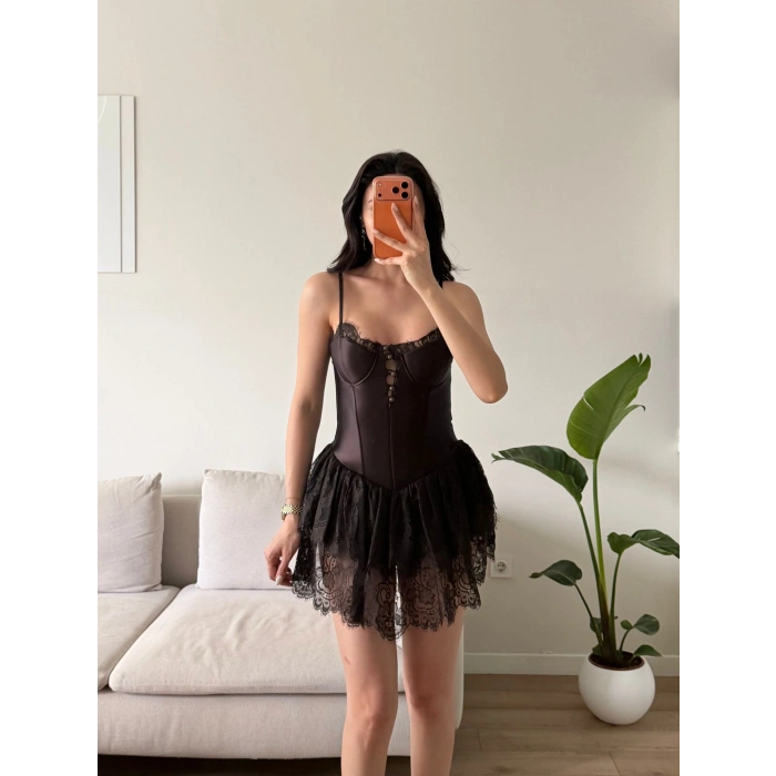 Bel Korse Eteği Dantel Elbise - KAHVE