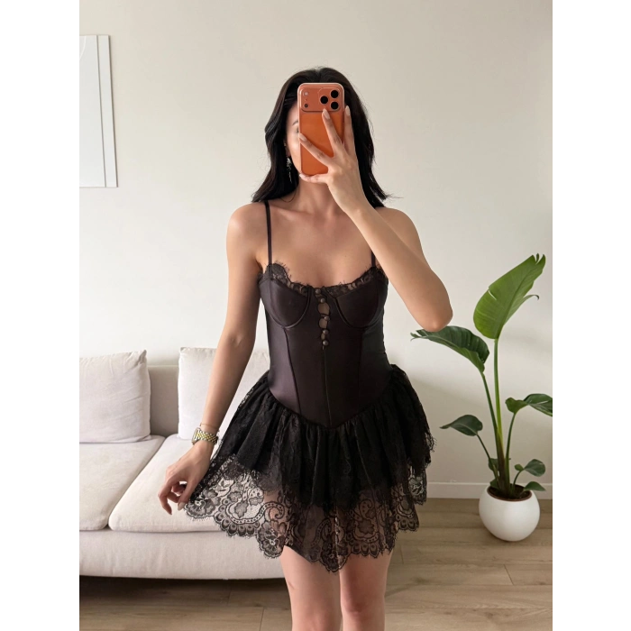 Bel Korse Eteği Dantel Elbise - KAHVE