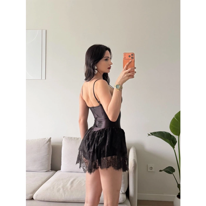 Bel Korse Eteği Dantel Elbise - KAHVE