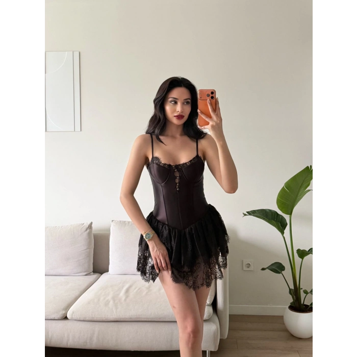 Bel Korse Eteği Dantel Elbise - KAHVE