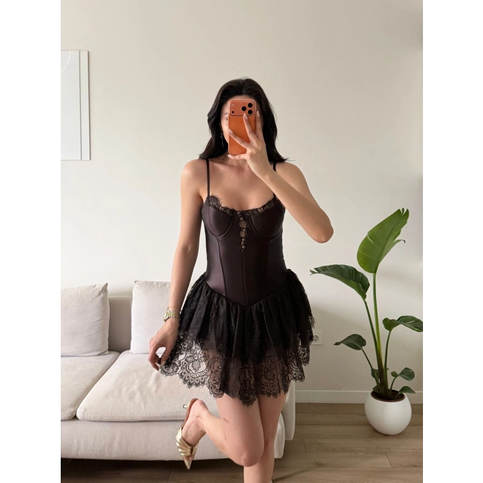 Bel Korse Eteği Dantel Elbise - KAHVE