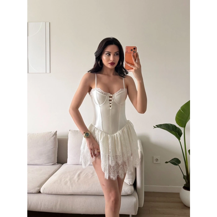 Bel Korse Eteği Dantel Elbise - BEYAZ
