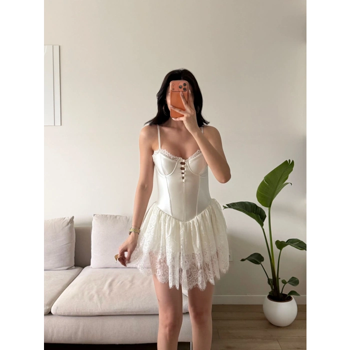 Bel Korse Eteği Dantel Elbise - BEYAZ