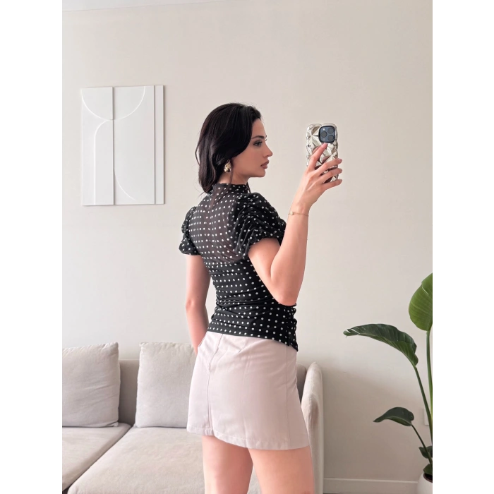 Puantiyeli Karpuz Kol Bluz - SİYAH