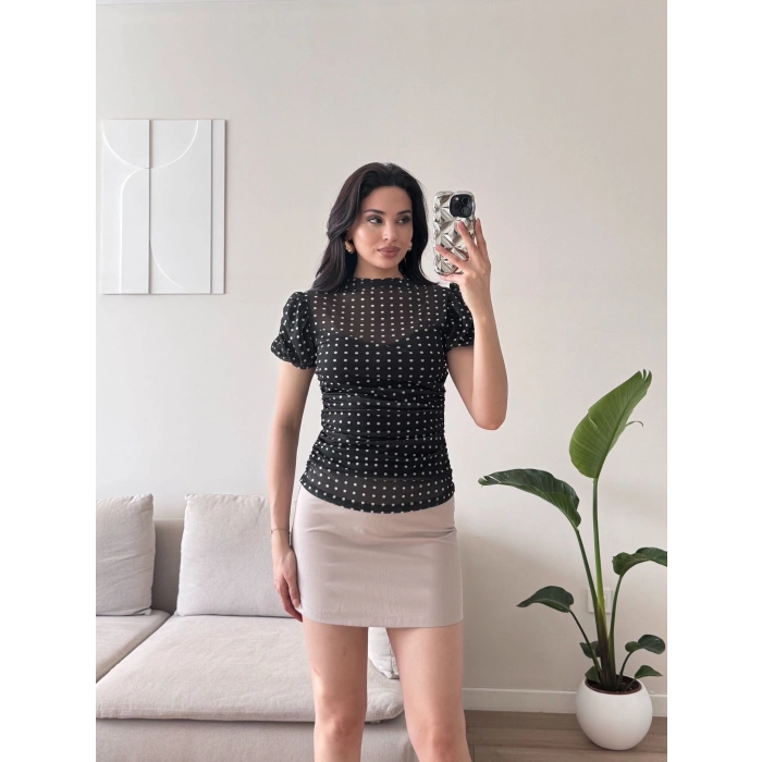 Puantiyeli Karpuz Kol Bluz - SİYAH