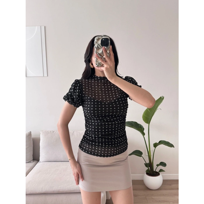 Puantiyeli Karpuz Kol Bluz - SİYAH