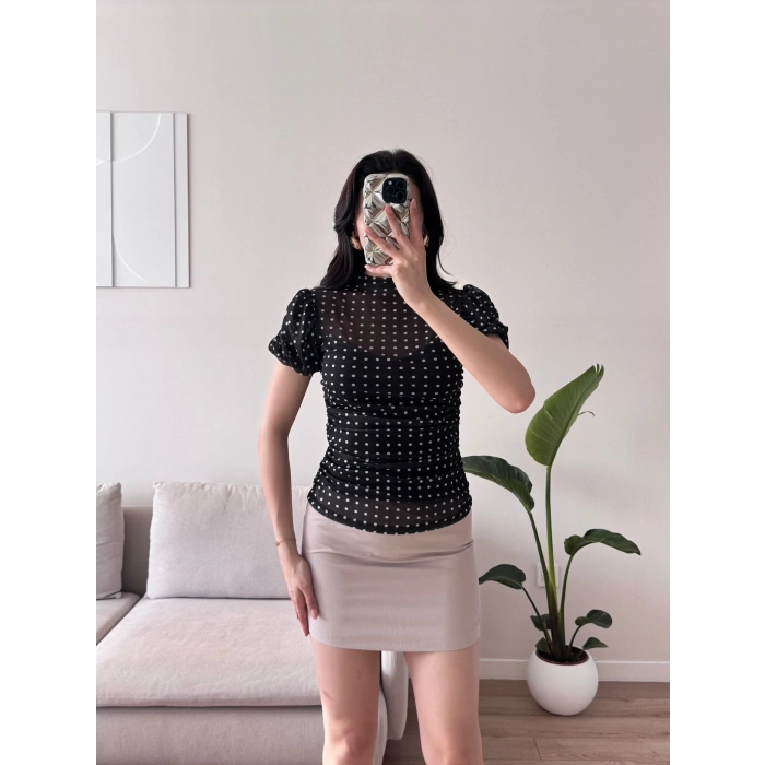 Puantiyeli Karpuz Kol Bluz - SİYAH