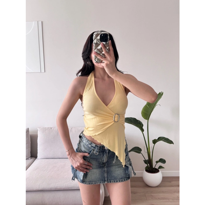 Kruvaze Tokalı Crop - SARI