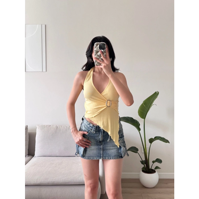 Kruvaze Tokalı Crop - SARI