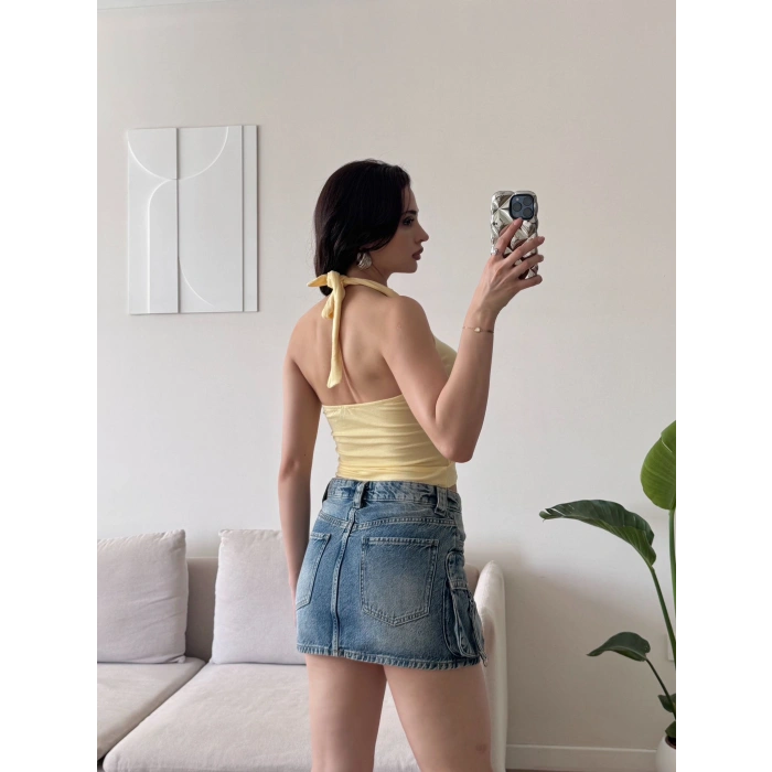 Kruvaze Tokalı Crop - SARI