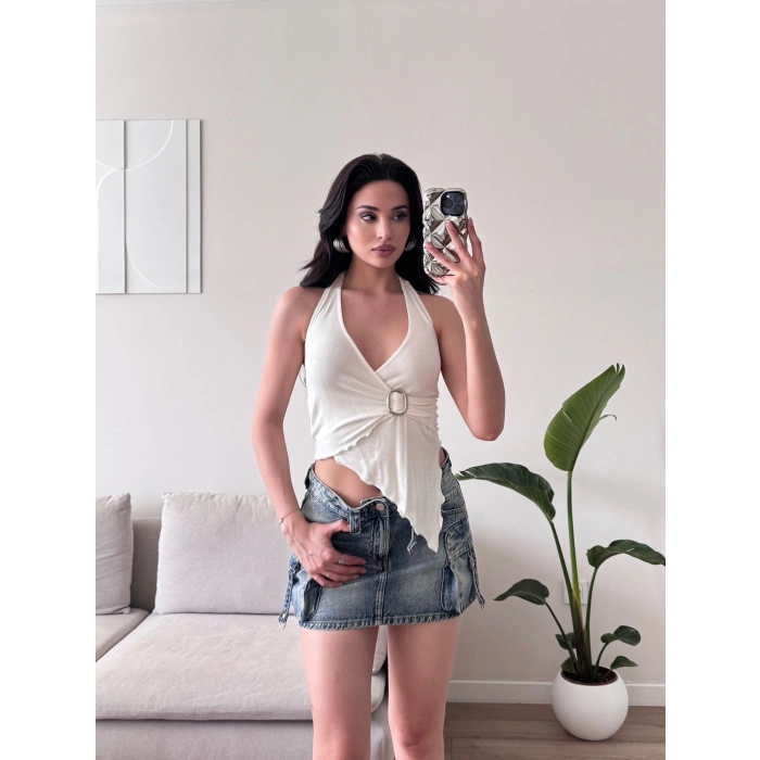 Kruvaze Tokalı Crop - BEYAZ