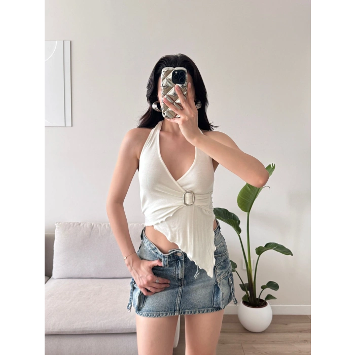 Kruvaze Tokalı Crop - BEYAZ