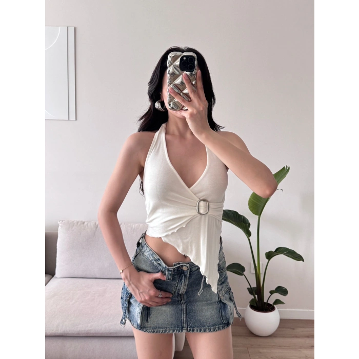 Kruvaze Tokalı Crop - BEYAZ