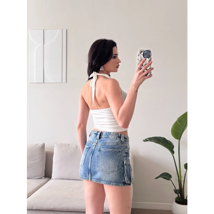 Kruvaze Tokalı Crop - BEYAZ