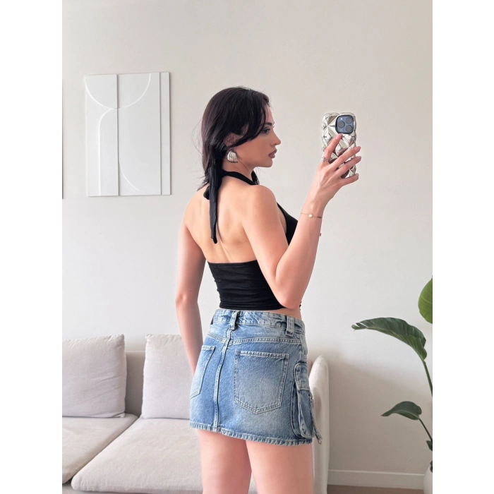 Kruvaze Tokalı Crop - SİYAH