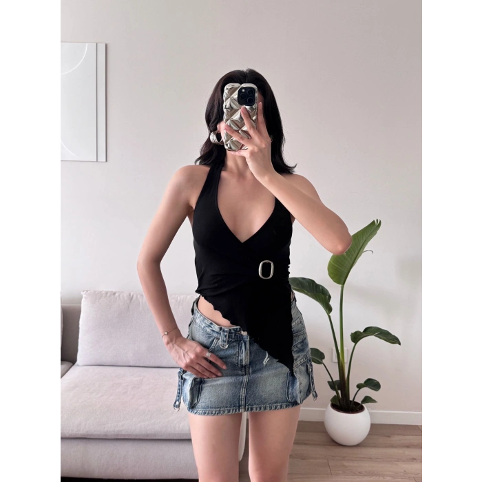 Kruvaze Tokalı Crop - SİYAH