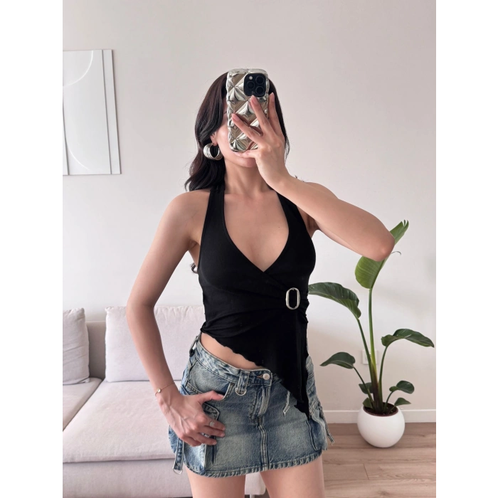 Kruvaze Tokalı Crop - SİYAH