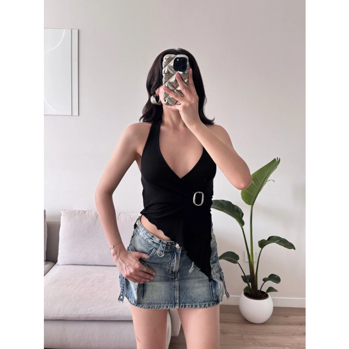 Kruvaze Tokalı Crop - SİYAH