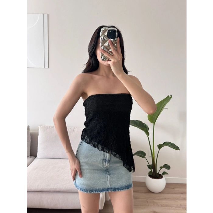 Asimetrik Dantel Crop - SİYAH