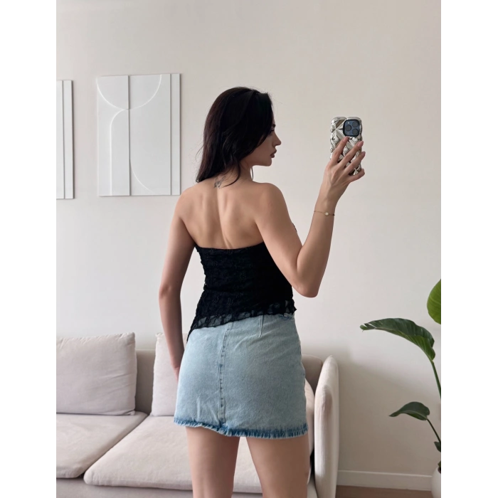 Asimetrik Dantel Crop - SİYAH