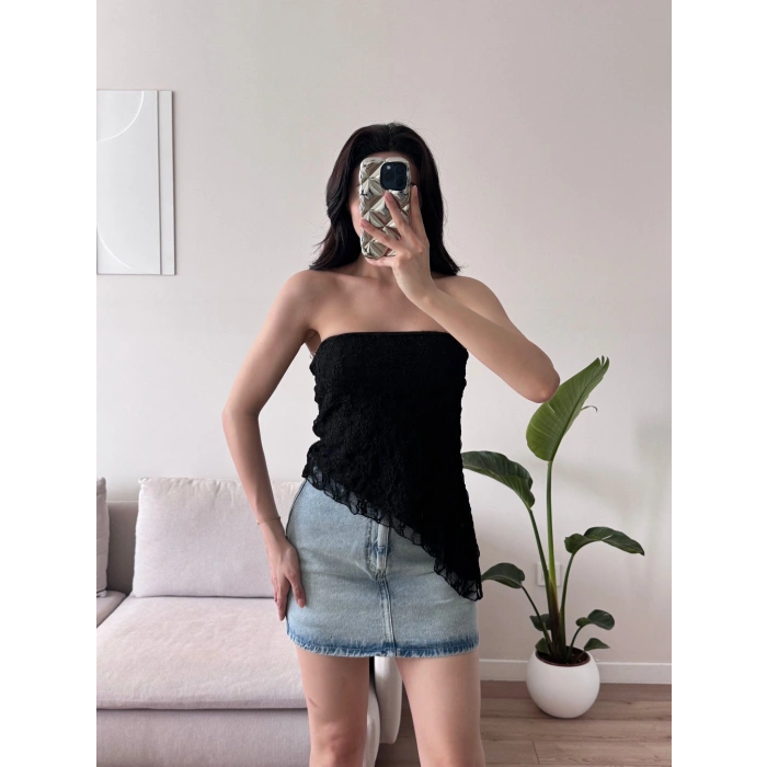 Asimetrik Dantel Crop - SİYAH