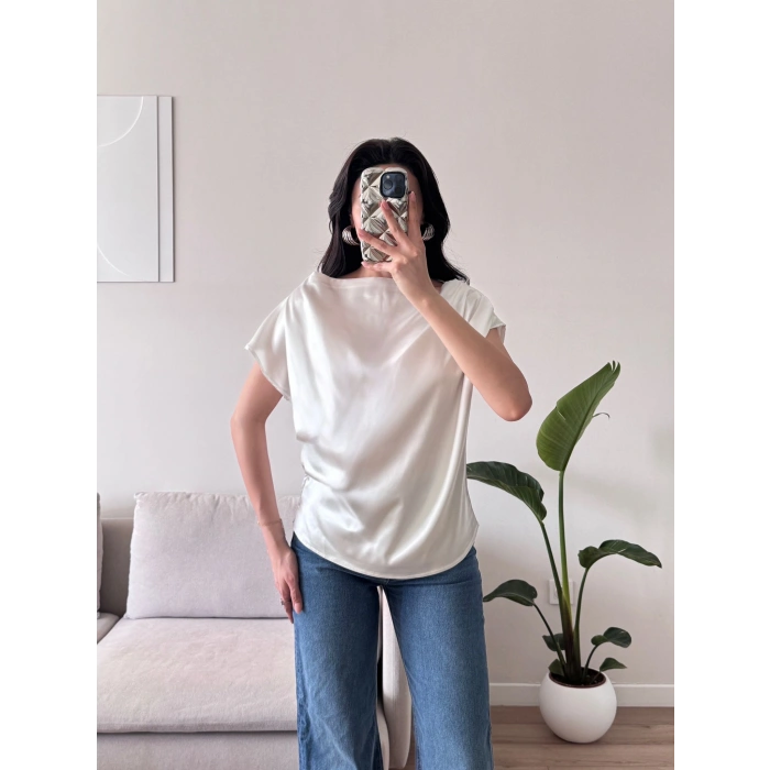 Kayık Yaka Saten Bluz - BEYAZ