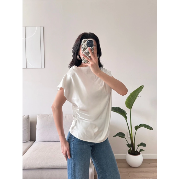 Kayık Yaka Saten Bluz - BEYAZ