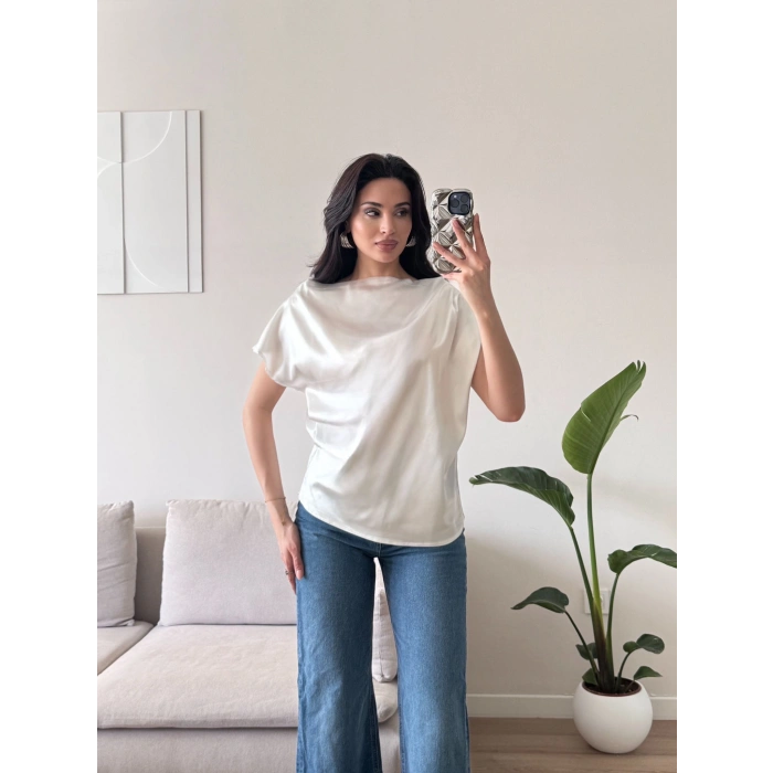 Kayık Yaka Saten Bluz - BEYAZ