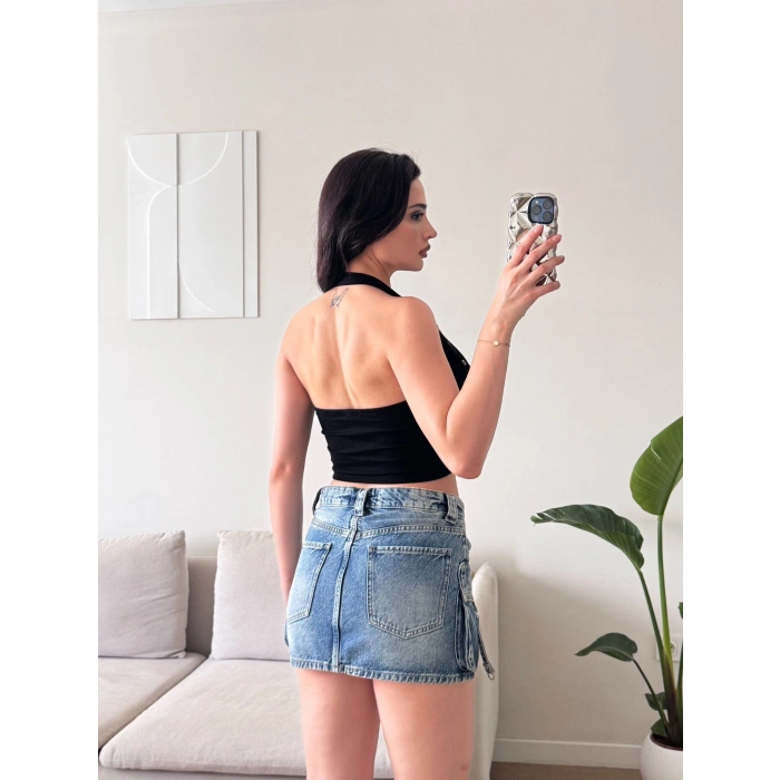 Boyun Kemerli Crop - SİYAH