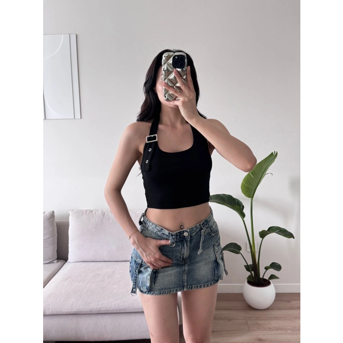 Boyun Kemerli Crop - SİYAH