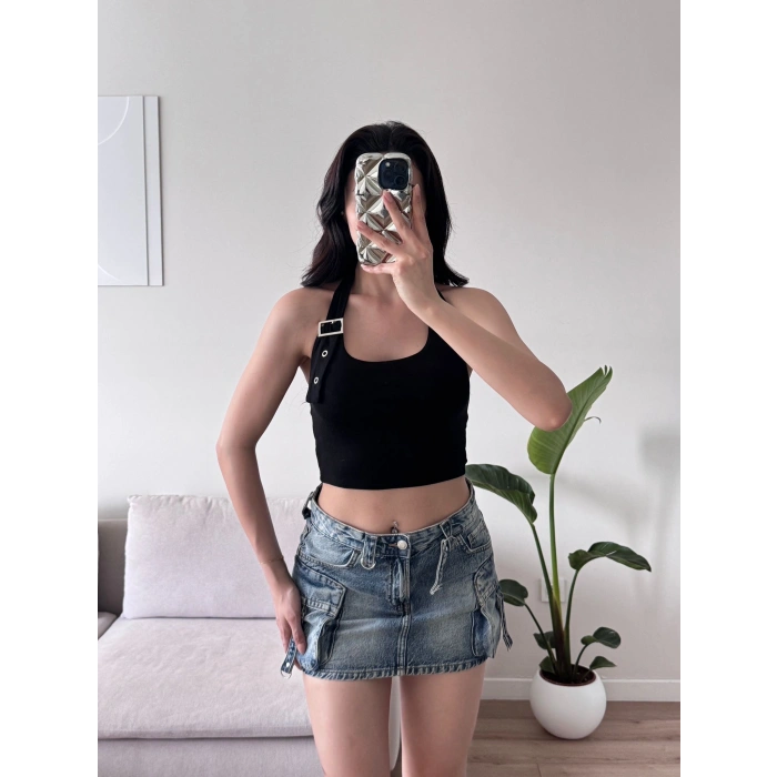 Boyun Kemerli Crop - SİYAH