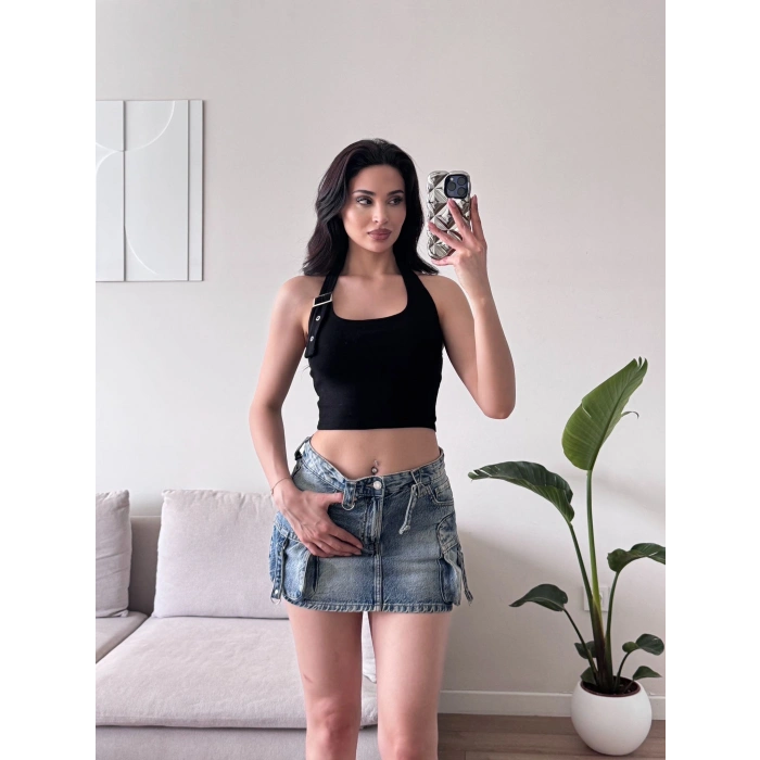 Boyun Kemerli Crop - SİYAH