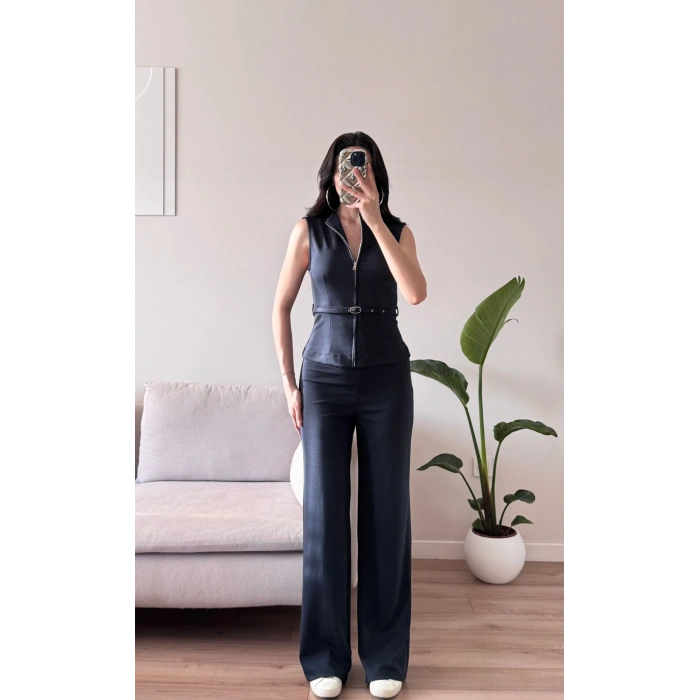 Fermuarlı Kemer Detay Takım - LACİVERT