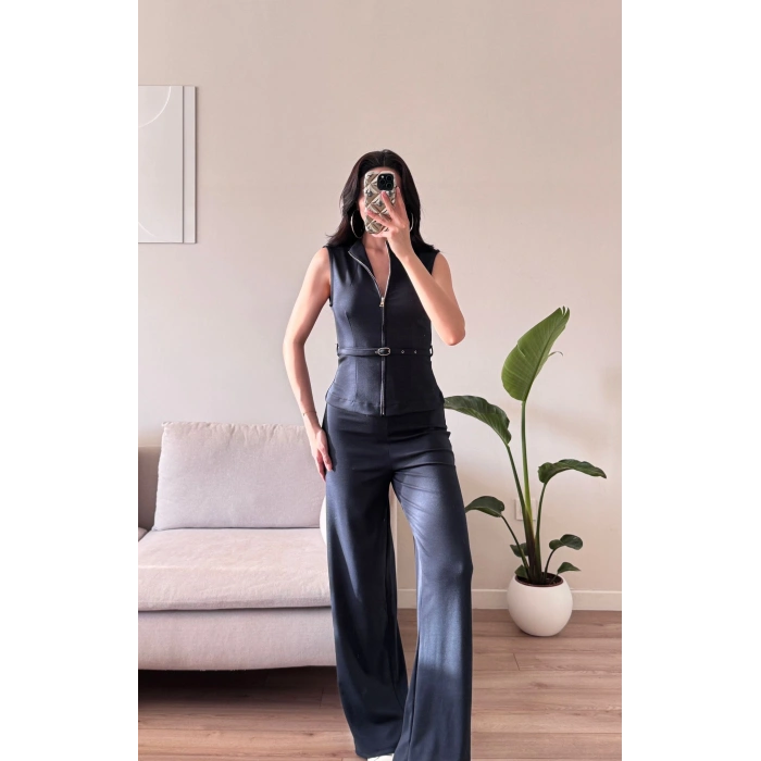 Fermuarlı Kemer Detay Takım - LACİVERT