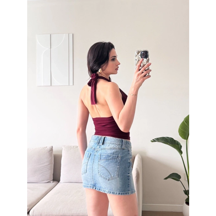 Boyun Bağlamalı Aksesuar Crop - BORDO