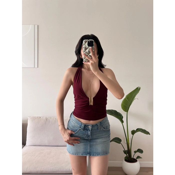 Boyun Bağlamalı Aksesuar Crop - BORDO