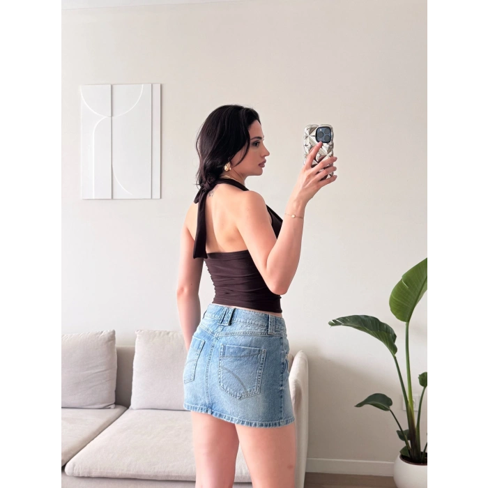 Boyun Bağlamalı Aksesuar Crop - KAHVE