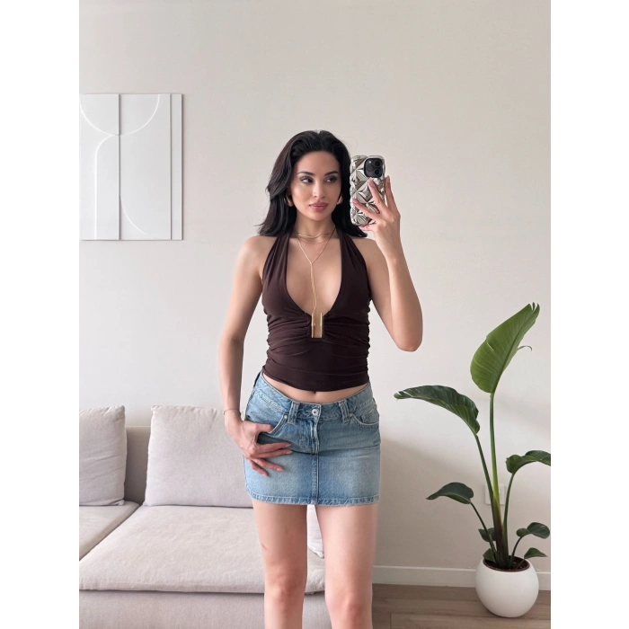 Boyun Bağlamalı Aksesuar Crop - KAHVE