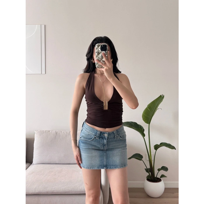 Boyun Bağlamalı Aksesuar Crop - KAHVE