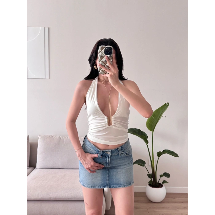 Boyun Bağlamalı Aksesuar Crop - BEYAZ