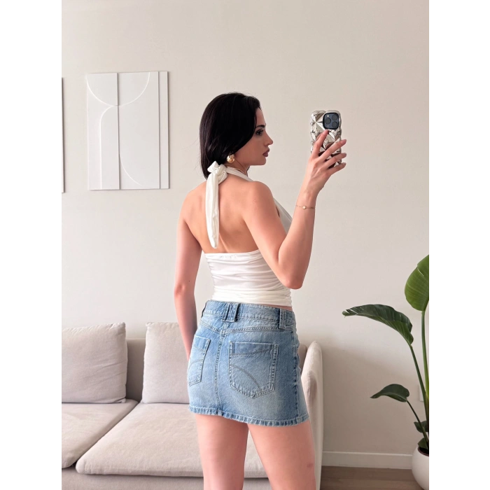 Boyun Bağlamalı Aksesuar Crop - BEYAZ