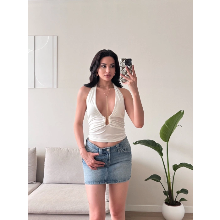 Boyun Bağlamalı Aksesuar Crop - BEYAZ