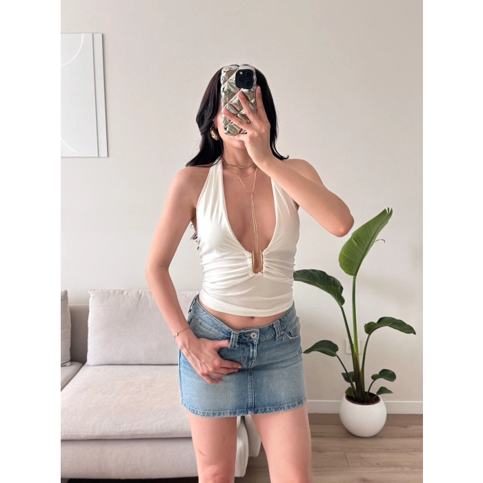 Boyun Bağlamalı Aksesuar Crop - BEYAZ