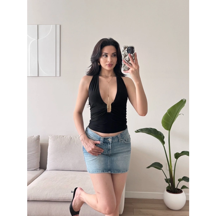 Boyun Bağlamalı Aksesuar Crop - SİYAH