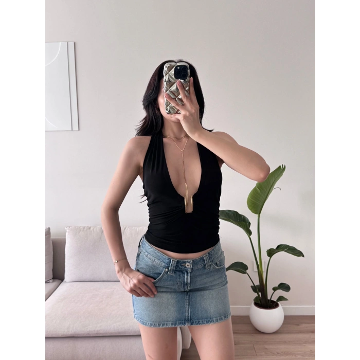 Boyun Bağlamalı Aksesuar Crop - SİYAH