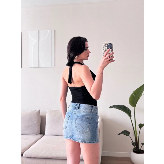 Boyun Bağlamalı Aksesuar Crop - SİYAH