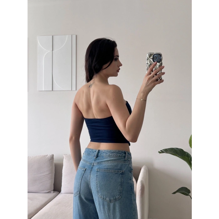 Biyeli Straplez Crop - LACİVERT