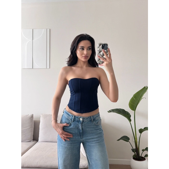 Biyeli Straplez Crop - LACİVERT