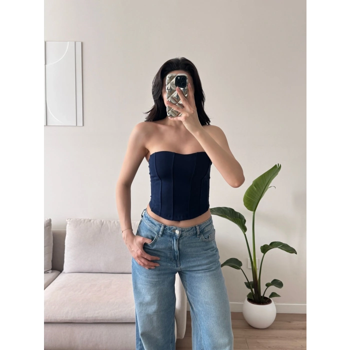 Biyeli Straplez Crop - LACİVERT