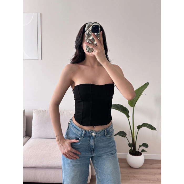 Biyeli Straplez Crop - SİYAH
